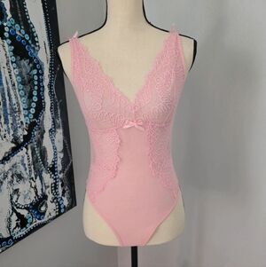 Lace Pink Sheer Knit Bodysuit Teddy Romper Panty Size Medium